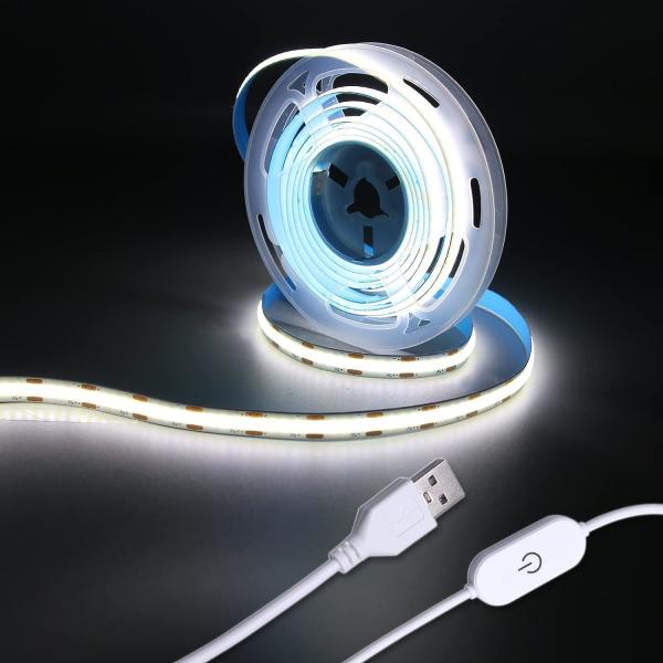 Hongtop COB Led Strip Lights 5V USB 6.56ft/2m 640LEDs Touch Stepless Dimmable 6000K White 13W