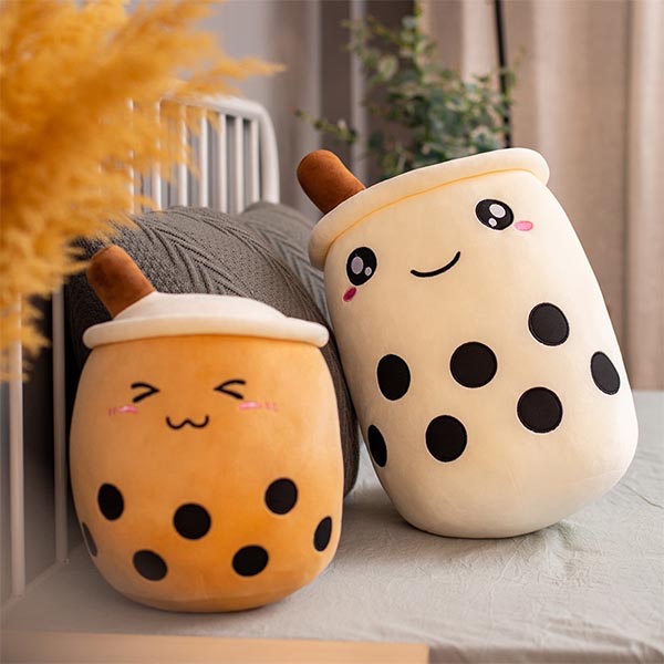 OEM Bubble Tea Plush Pillow With Embroidered Emoji