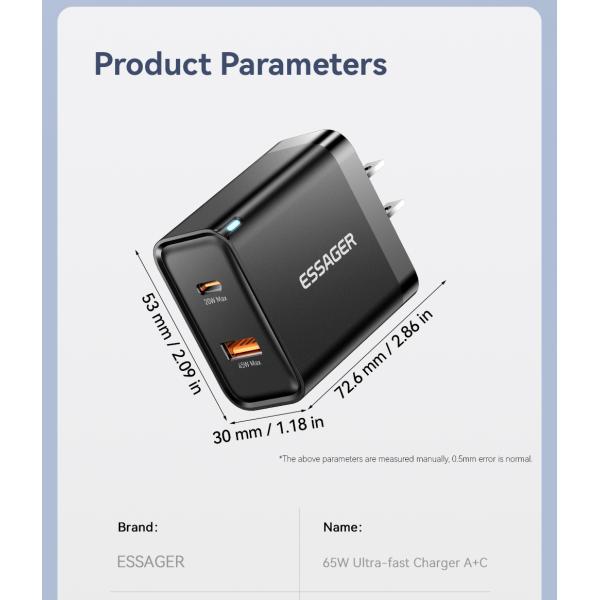 ESSAGER ES-CD43 USB Type C 65W QC4.0 PPS VOOC Gan Phone Fast Charger For Apple Huawei Xiaomi