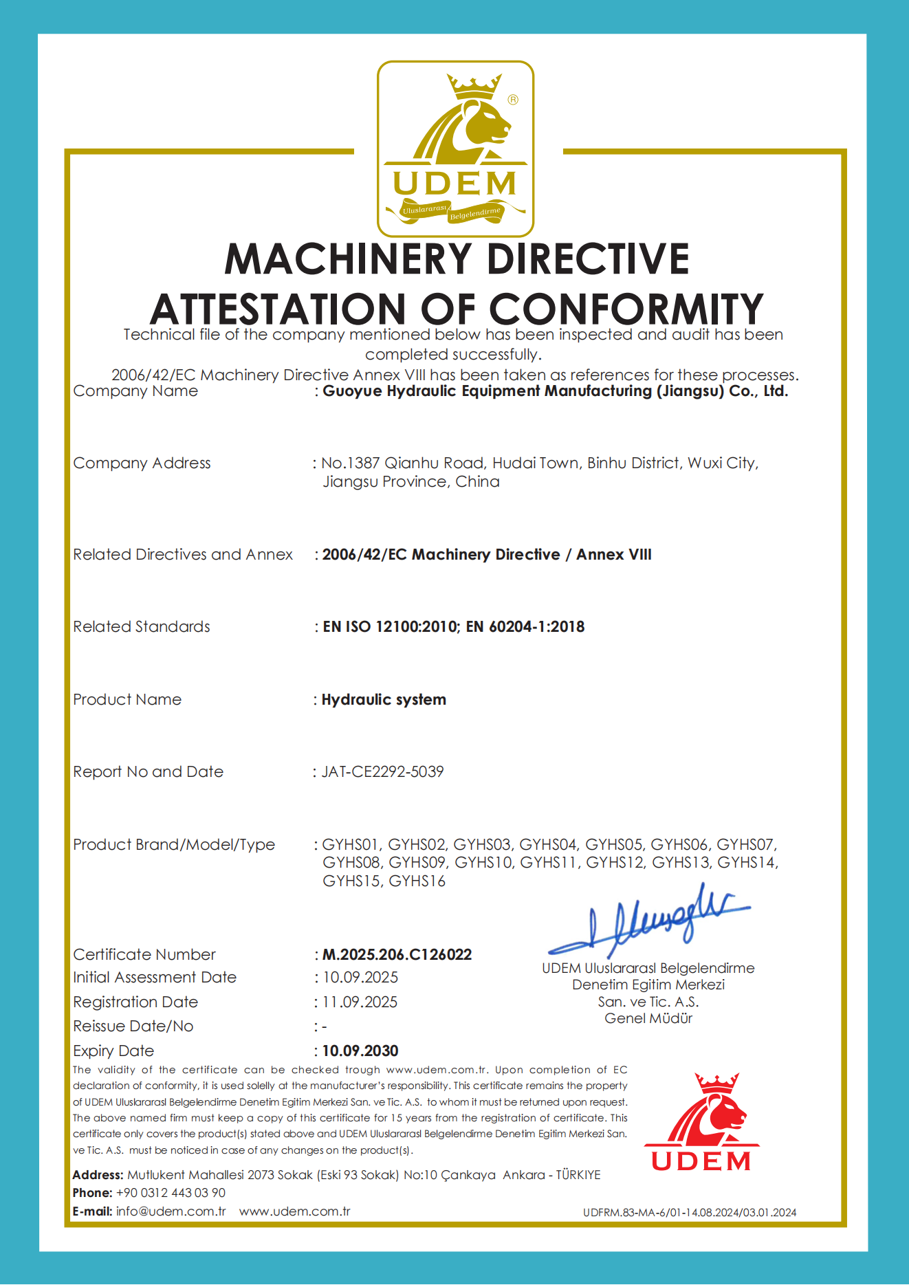 Guoyue Hydraulic Equipment Manufacturing (jiangsu) Co., Ltd Certifications