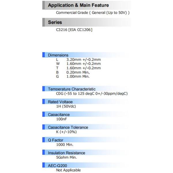± 10 % Tolerance 100nf 50v Capacitor , Miniature C3216 Low Esr Mlcc Capacitor