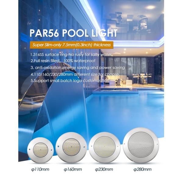 Waterproof PAR56 LED Pool Light 316 SS ABS housing Ultra Thin 7.5mm Resin Filled Wall Mounted 230MM 18W 25W DC AC12V
