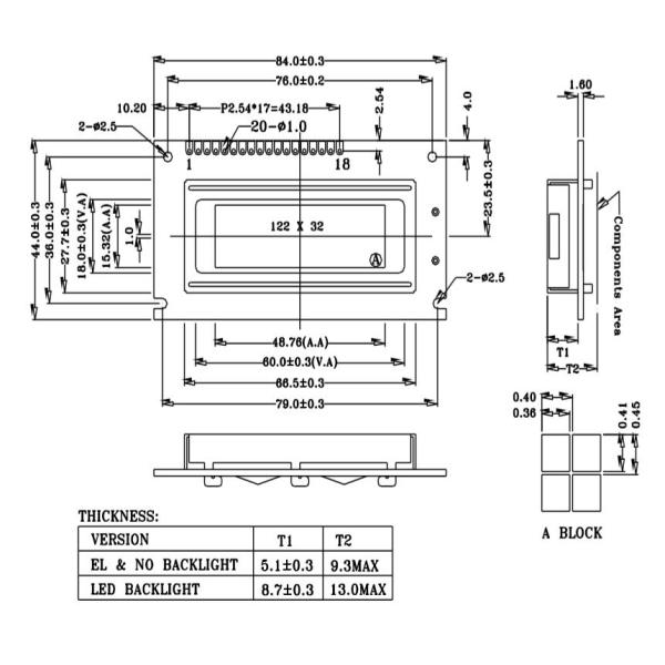 Graphic LCD Display Module 122x32 Dots COB STN Yellow-Green Transmissive Positive mode