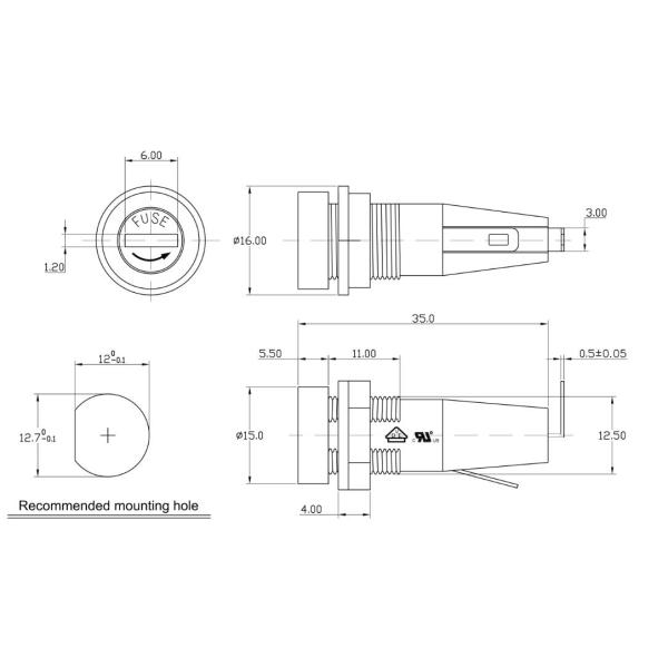 PTF35 Round Screw Type 10A 250V 5X20MM Glass Fuse Panel Mount Fuse holder