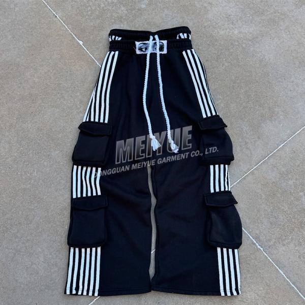 Custom Mens Double Waisted Striped Loose Track Pant Double Layer Waist Multiple Pocket Cargo Baggy Sweatpants