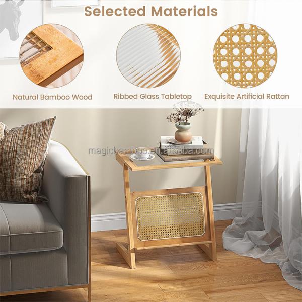 Natural Color Z-Shaped Bamboo And Rattan End Table With Glass Top And Magazine Rack