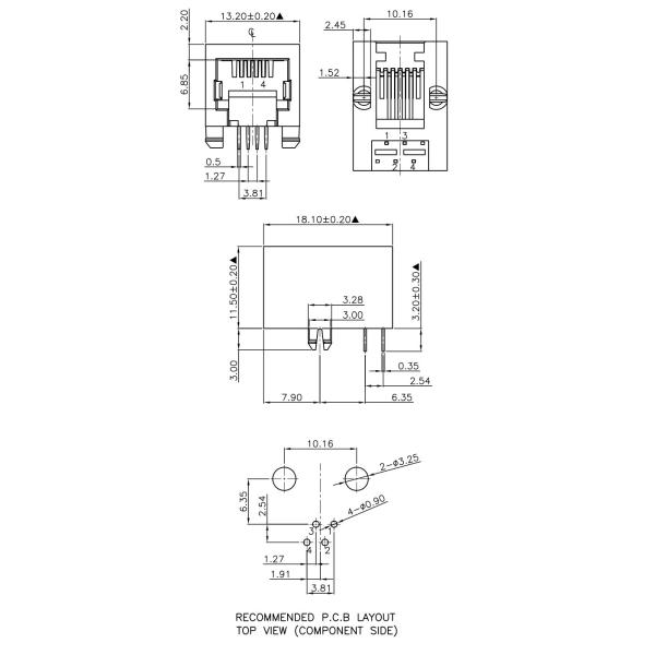 4 PIN Female Rj11 Modular Connector Black Unshielded Plastic Housing
