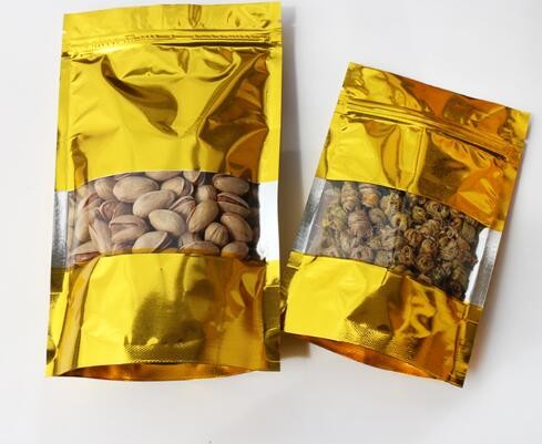Hot Selling Custom Gold Printed Foil Zipper Poly Bag for Food Packing with Window