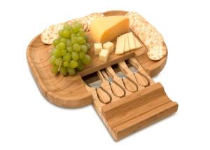 Fancy Bamboo Cheese Board Set No Plastic With Cutlery In Slide - Out Drawer
