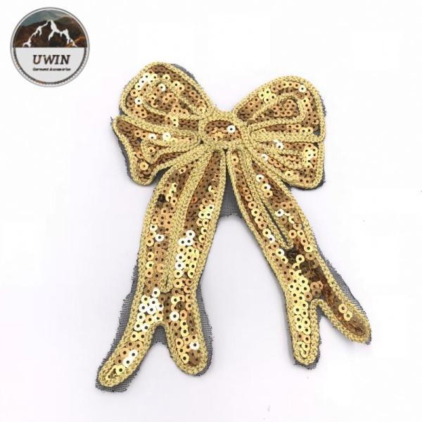 Quality Golden Bow Large Iron On Patches , Ribbon Iron On Patches For Clothes Handmade for sale
