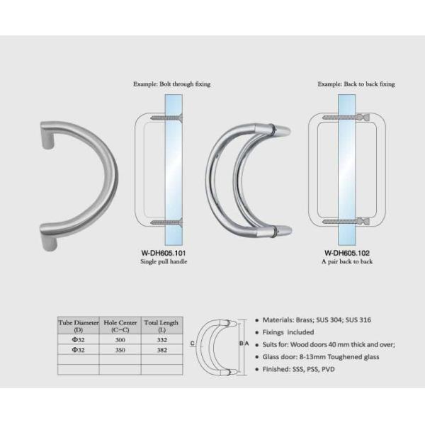 gate handles brass / SUS exterior door handles set Dia. 32mm tub curved design W-DH605 glass shower door handle