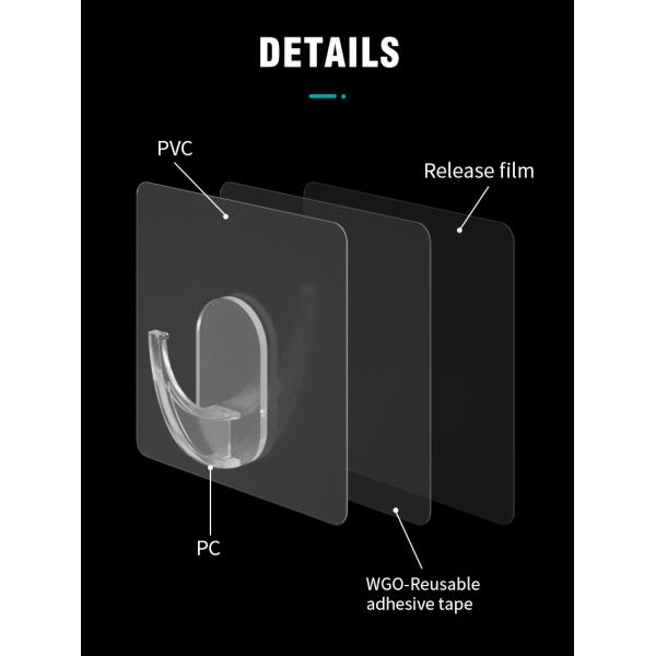 WGO Self Adhesive PC clear coat hook Heavy Duty For Hanging Coat Towel Kitchen Bathroom Waterproof Rustproof