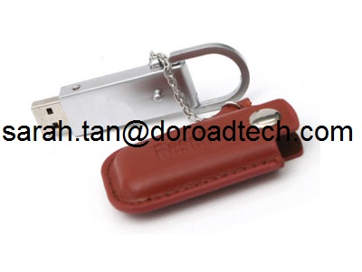 Factory Wholesale Metal USB with Leather Case, USB 2.0 Leather USB Flash Drive for Gift