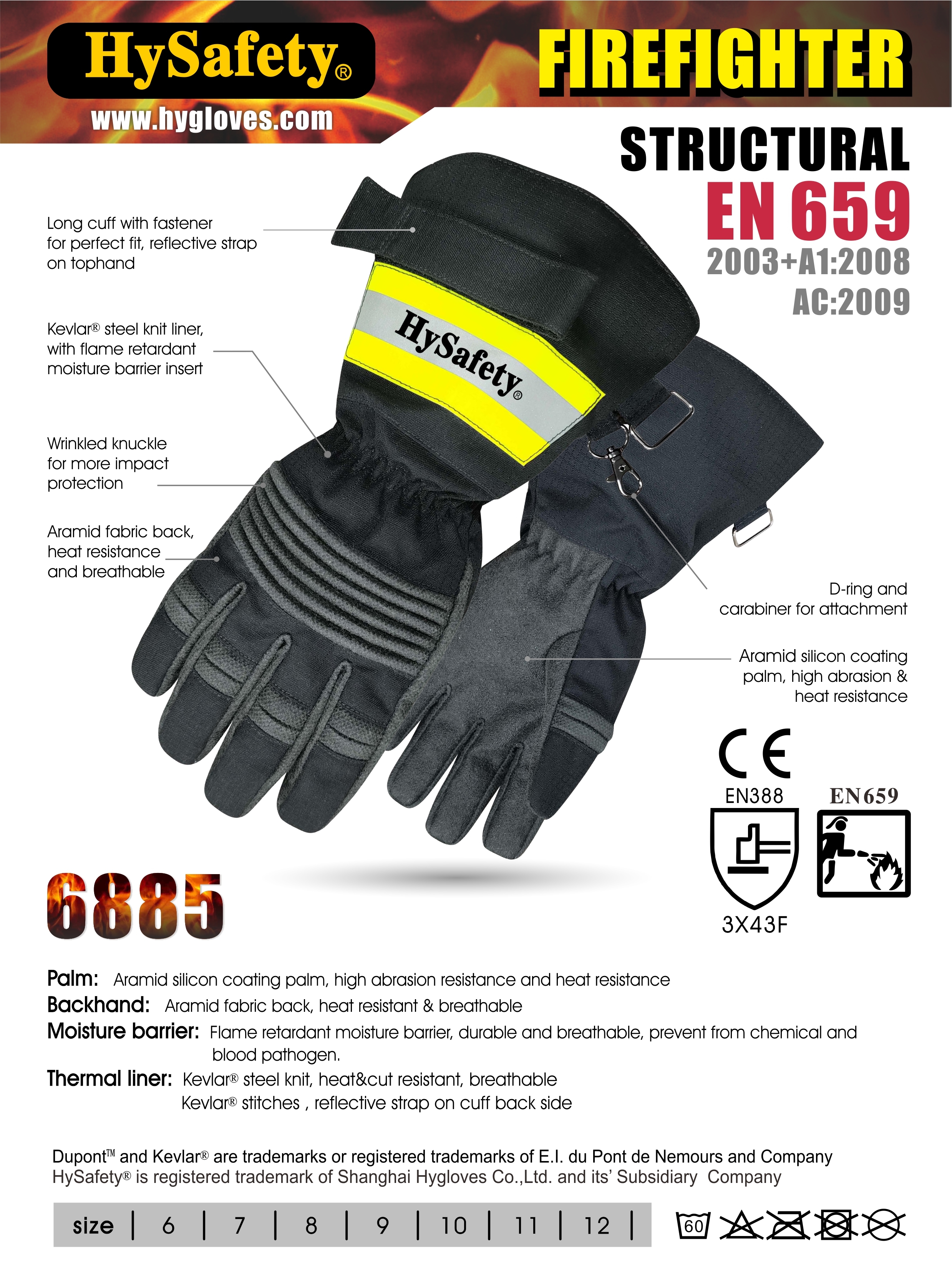 Meta-aramid with flame retardant fabric back Long cuff EN659 certified Firefighter Gloves with Impact Protection and EN388 3X43F