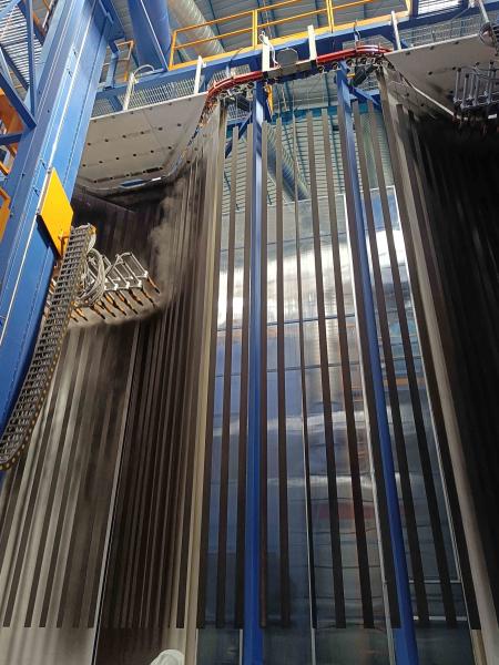 Quality First-Class Electrostatic Spraying Single Booth Vertical Powder Coating Line Of Aluminium Alloy Profile With 400m2/T for sale