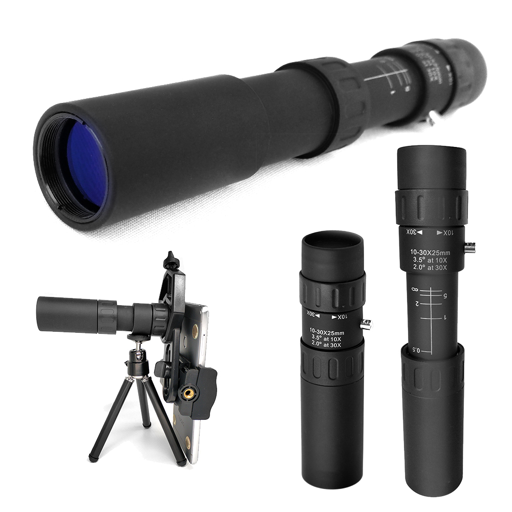 Mini 10-30X25 Black Monocular Telescope Tripod For Camping / Fishing / Hiking