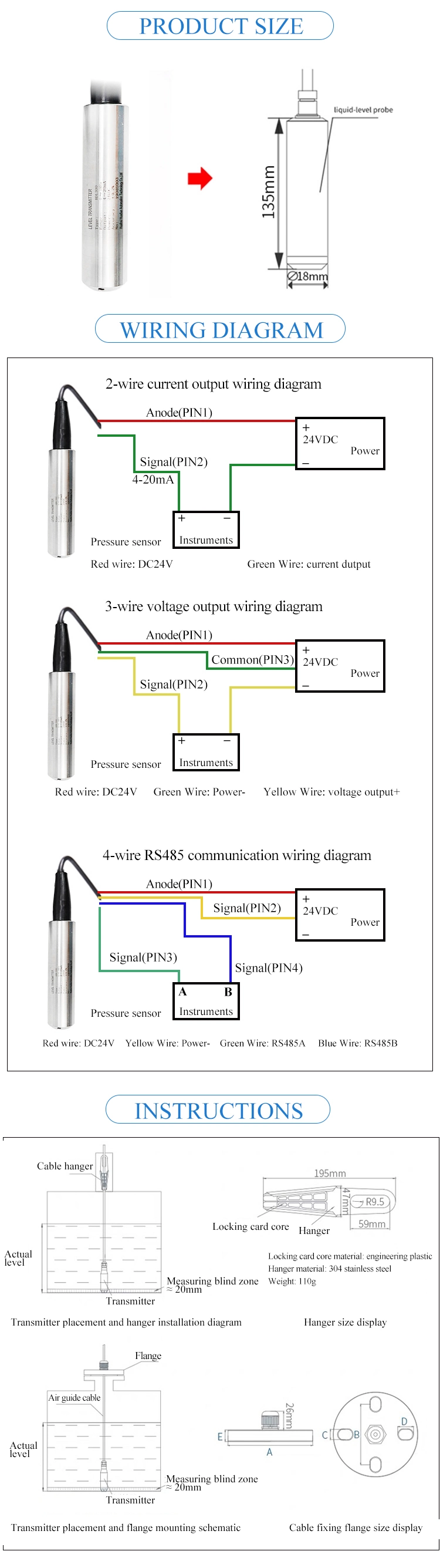 30m Hydrostatic Level Transmitter 4-20mA Electrode Water Level Sensor Probe