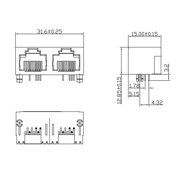 Multi-Port Stacked 2X1 10 Gigabit Ethernet RJ45 Connector 10G Base TMX21W08DIJ135118