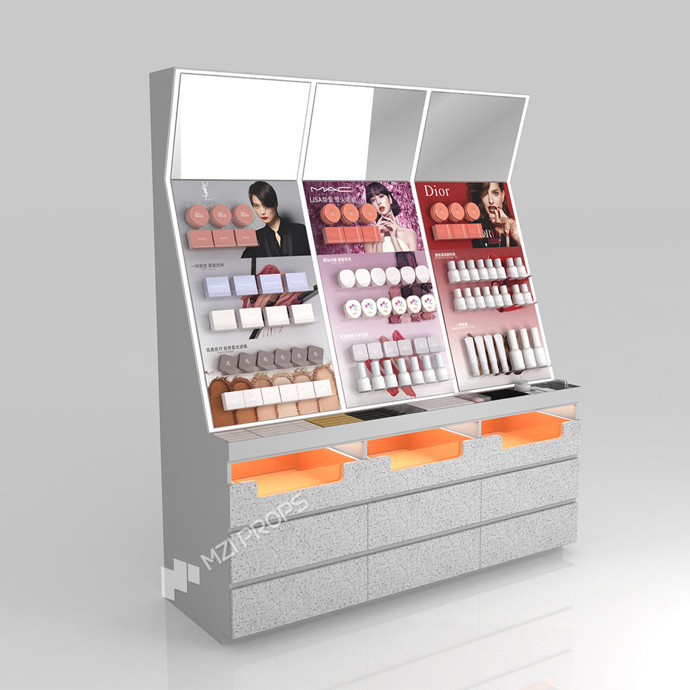 GDR04-CZ-B03 Beauty Display Rack with Soft LED Lighting and Mirrored Surfaces for Retail Counters