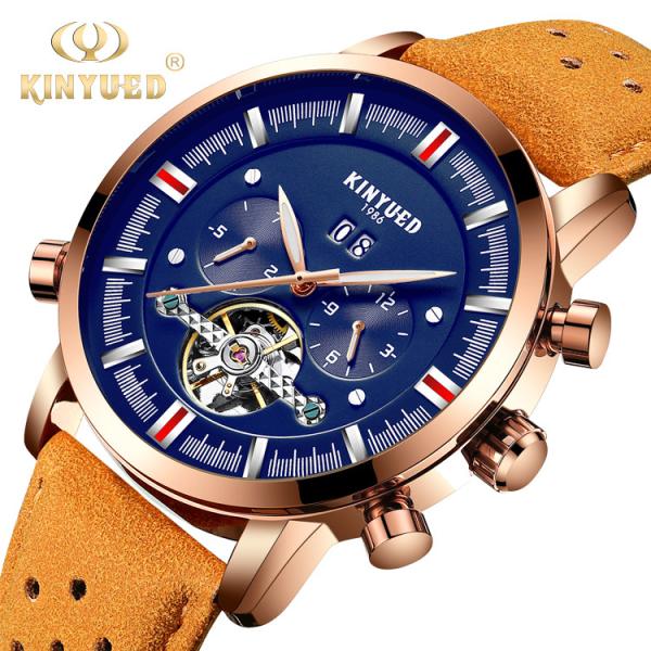 Quality Blue Dial Automatic Mechanical Watch Soft Brown Genuine Leather for sale