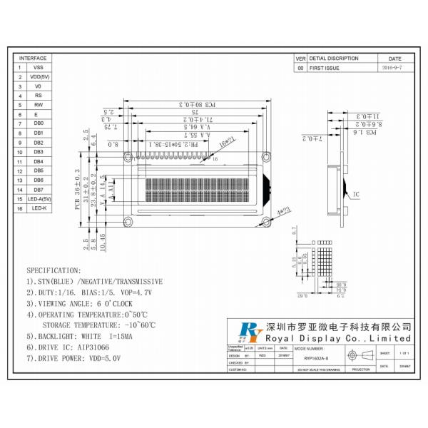 5V White Backlight 16x2 Character STN Blue Negative LCD Display With AIP31066 IC