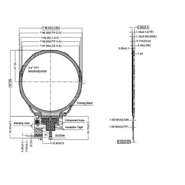 3.4 Inch Round TFT Display, With Touch Panel 800x800 MIPI Interface 380 CD/M2