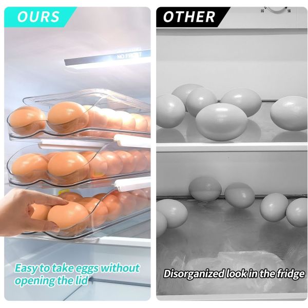 Egg Holder For Fridge, Automatic Rolling Egg Container For Refrigerator, Stackable Fridge Organizers And Storage With Lid, Clear Plastic Egg Dispenser