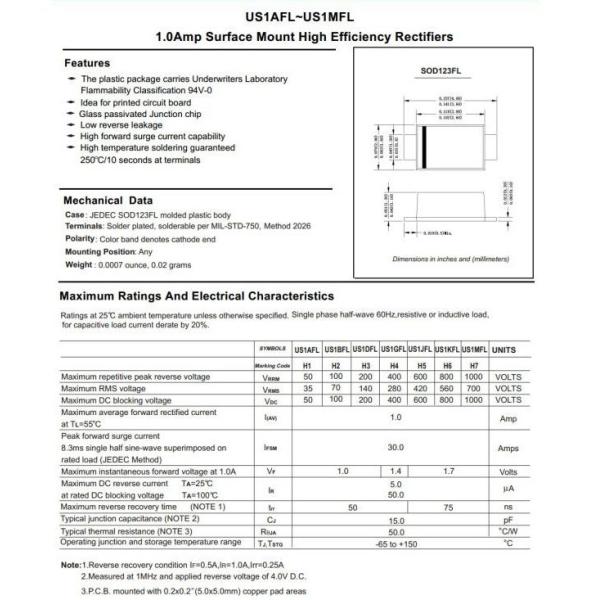 1A Us1a Thru Us1m High Efficiency Rectifier Diode SOD123FL Package