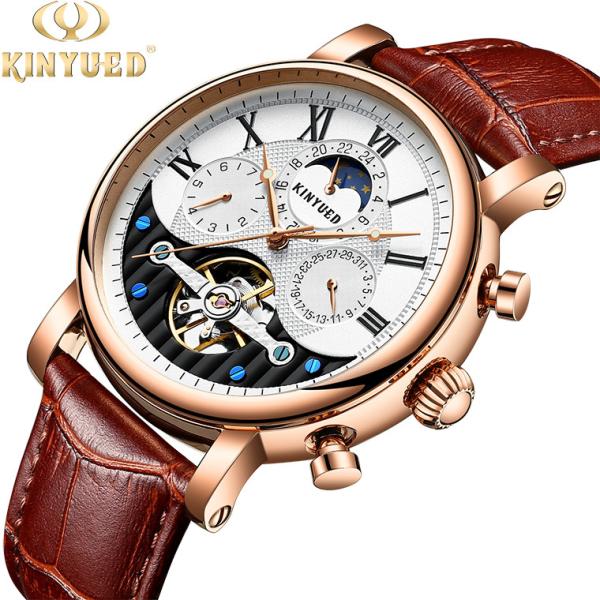 Quality Customized Clock Luxury Mechanical Watches Moon Phase Leather Strap for sale