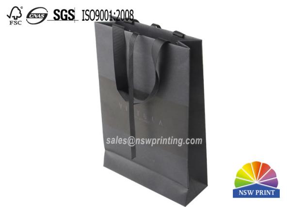 Quality New Design Luxury Spot UV-coating Logo Black Cardboard Paper Bag With Ribbon Handle for sale