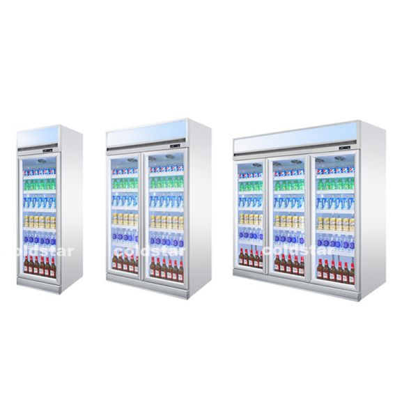 Three Doors Vertical Display Beverage Refrigerated Showcase Commercial Glass Door Freezer For Supermarket