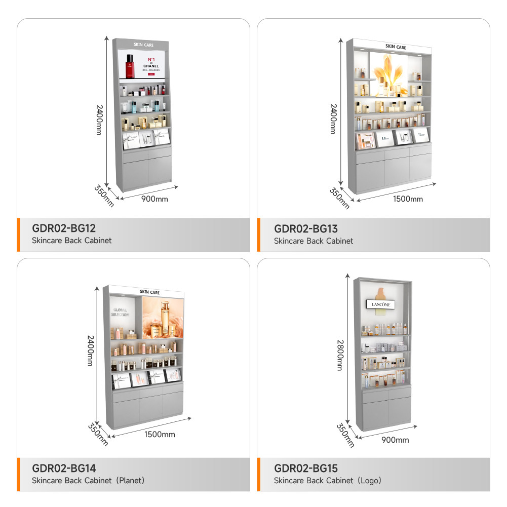 Skincare Display Cabinet Iron Containing Gray Facial Mask Cabinet For Branding Shop Display And Luxury Store Cabinet