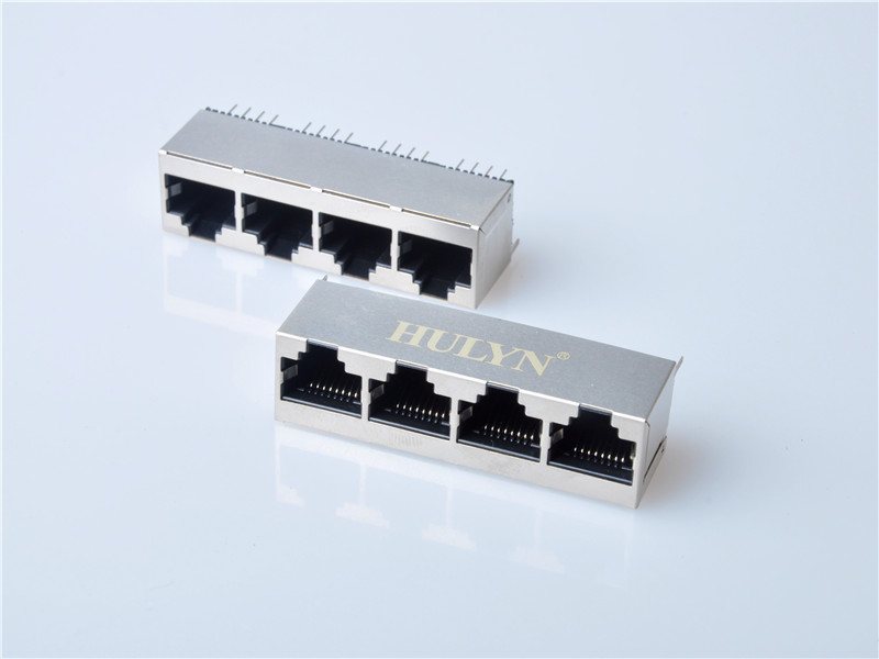 HULYN Very low profile, Shielded RJ45 Modular Jack Connector, Through Hole Type, Top Entry, 1x4 Ports