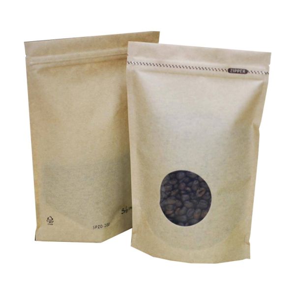 Printed Eco Friendly Resealable Stand Up Kraft Paper Pouch Bags With Custom Round Window For Tea Leaves Beans Packaging