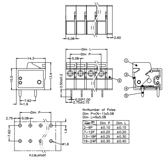 Side Entry Screwless PCB Terminal Block Connector 0.2" Pitch For Electric Appliances