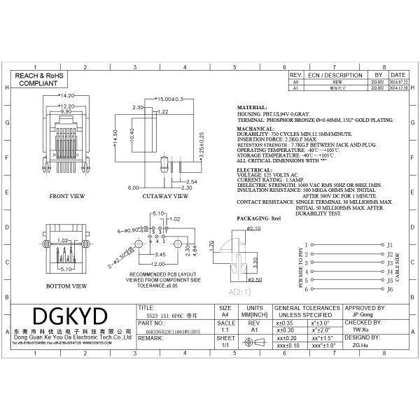 RJ11 all plastic ear gray mesh port connector 6P6C mesh port socket interface DGKYD5523E1166IWE1DY5