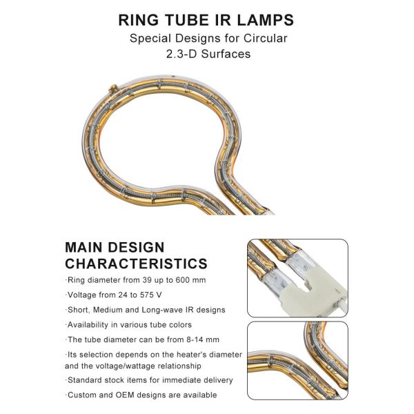 Quartz Ring Infrared Lamps 8-14mm Diameter 100-7600W Gold Reflector