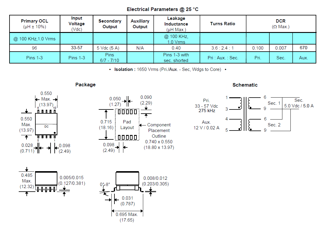 EP13 EPC3702G-LF SMPS 25W PoE Synchronous Forward Transformer Designed to work with Maxim MAX5974A