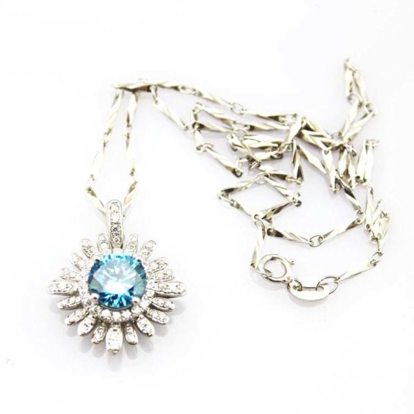 Sterling Silver 8mm Round Blue Topaz CZ Diamonds Pendant Necklace (P07)