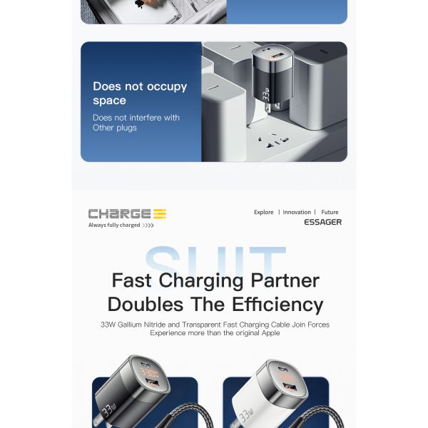 Essager 33W A+C Dual Port LED Digital Display GaN Wall Charger US Standard