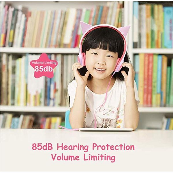 Wired Foldable Cat Ear Headphones (hearing protection lever-shaped, LED light, 3.5mm audio jack, suitable for children)