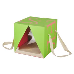 China Green Paper Cake Packaging Box With Plastic Window Ribbon Handle wholesale