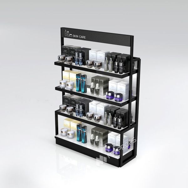 Wooden & Iron Middle Hall Side Display Stand Skincare Shop Display Shelves With Lightbox For Cosmetic Shop Interior Design