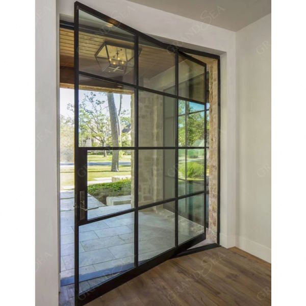 Modern Villa Residential Main Entrance Exterior Glass Steel Wrought Iron Pivot Doors Front Entry Doors