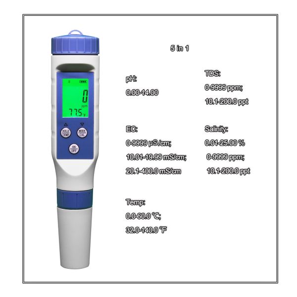 5 In 1 TDS Salinity Bluetooth PH Meter Digital Water Quality Monitor For Pools