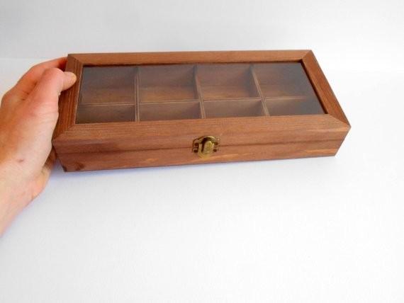 Wooden tea display box with glass lid- jewelry box- for small tea bags- Mahagony colored bamboo wood-8 compartments box