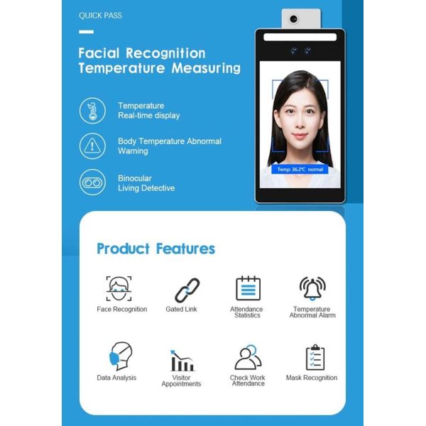 RGB Infrared 1.0m AI Face Recognition Temperature Measurement Terminal