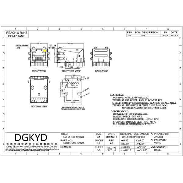 DGKYD Modular Connector 10P8C RJ45 Single Port With Transformer