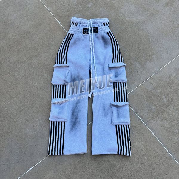 Custom Mens Double Waisted Striped Loose Track Pant Double Layer Waist Multiple Pocket Cargo Baggy Sweatpants