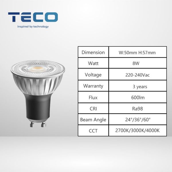 Teco GU10 LED Bulbs 230v 3000K 600lm 36 Degree RA98 8w Dimmable LED Spotligt Bulbs
